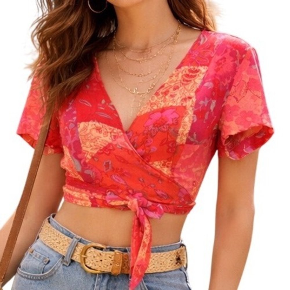 Free People Women's Floral Printed Ashley Wrap V Neck Tie Cropped Top Size Small